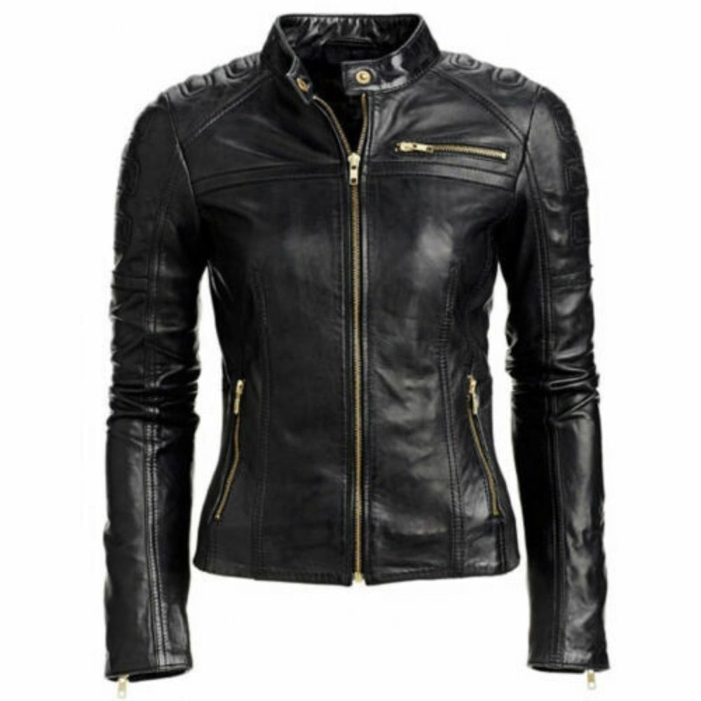 Black lambskin cafe racer moto jacket